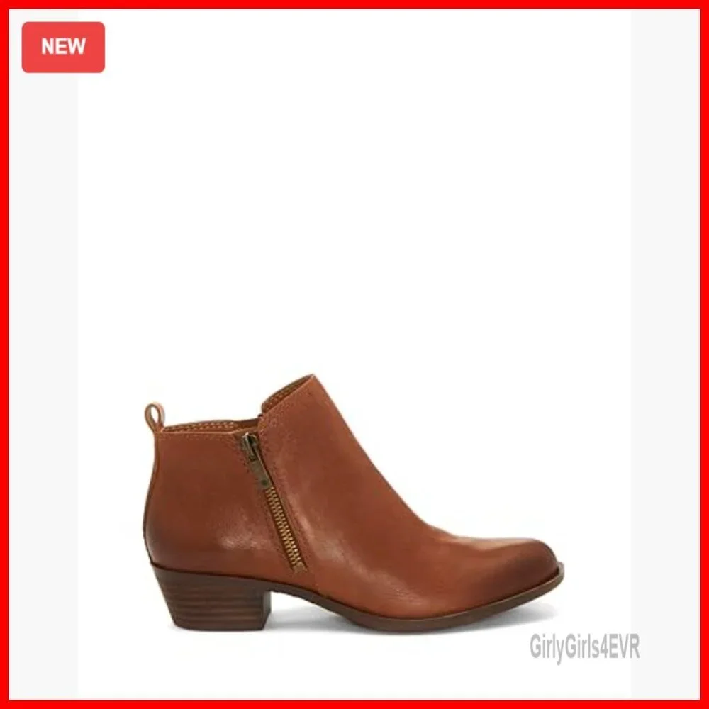 Leather Ankle Booties with Block Heel, Dual Zippers, Round Toe